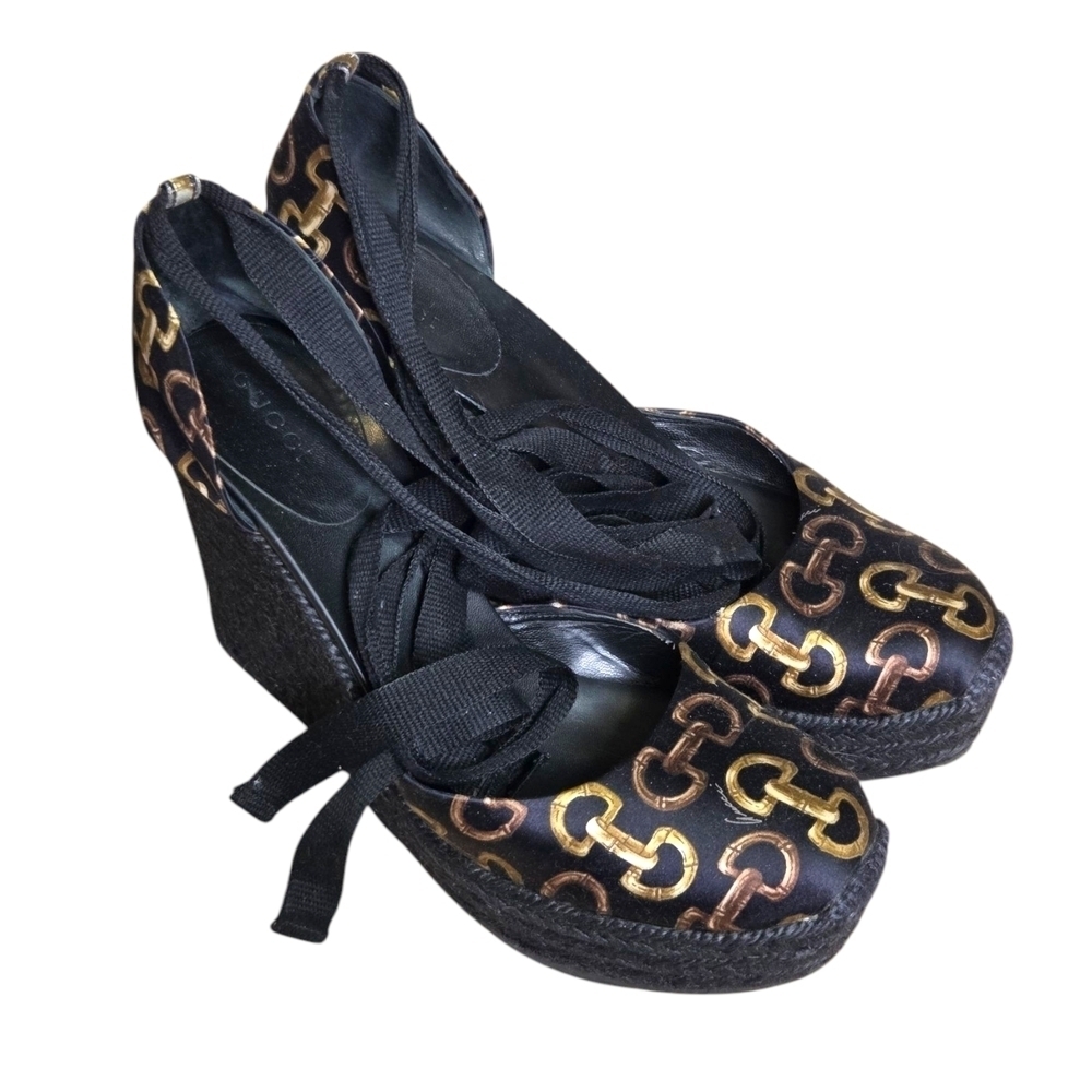 Gucci Black and Gold Wedge Espadrille